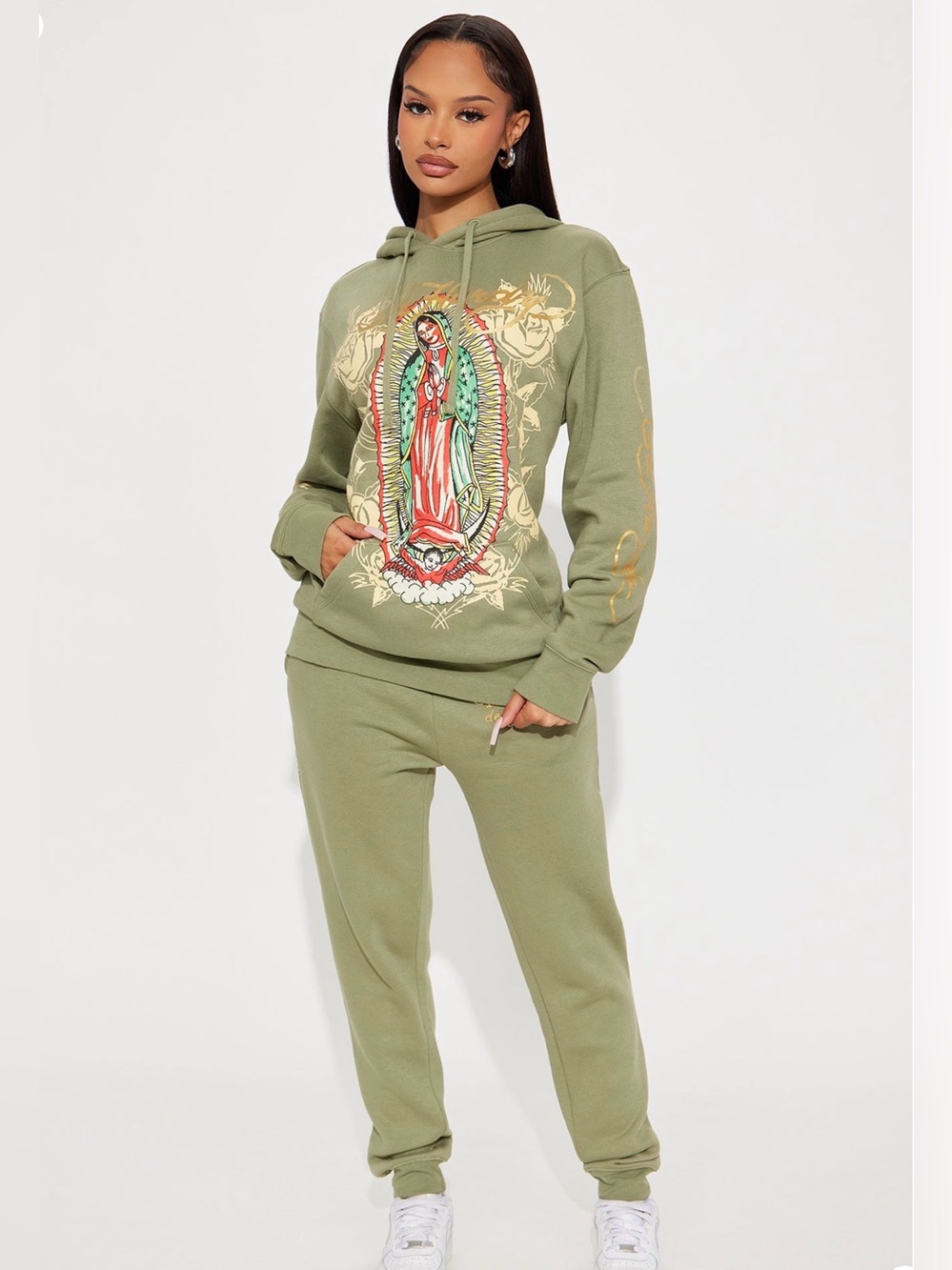NWOT Ed Hardy Virgin Mary Unique Oversized Hoodie In Sage Size Sm/Md